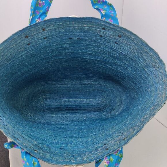 Large straw Tote Bag in Shades of Blue & Purple w Floral Scarf Handles by Babani - Picture 5 of 13